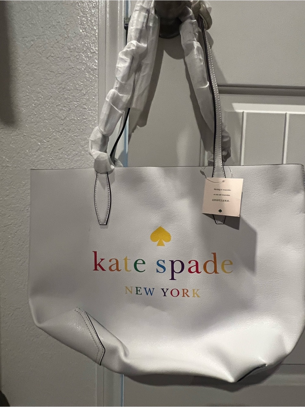 kate spade White Leather Tote with Rainbow Logo